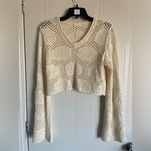 MOMBBE Crochet Bell Sleeve Crop Top Cream Knit Boho Cottagecore Fairycore